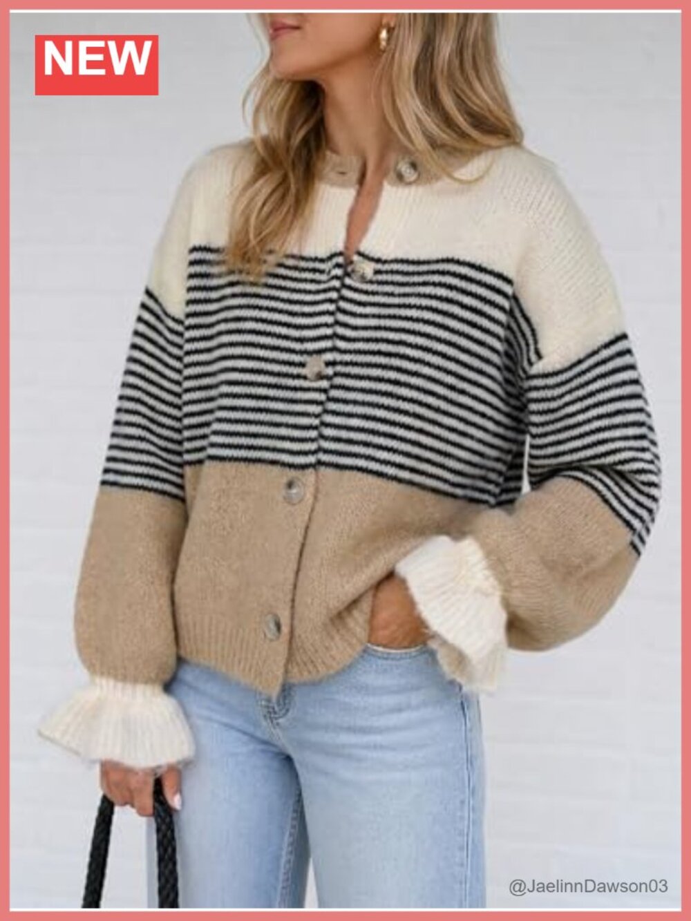 Striped Color Block Ruffle Sleeve Button Up Cardigan Sweater - Picture 3 of 6